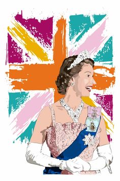 a woman in a dress and tiara holding a bottle with the british flag behind her