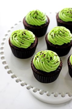 chocolate cupcakes with green frosting on a white plate