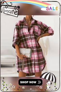 Spring Autumn Lapel Long Tops Women Plaid Shirts Loose Oversize Button Blouses Casual Female Top Long Sleeve Shirts Blusas Plaid Long Sleeve Shirt Dress With Buttons, Oversized Pink Shirt With Buttons, Plaid Long Sleeve Blouse For Day Out, Oversized Pink Blouse With Buttons, Plaid Button-up Blouse For Day Out, Plaid Long Sleeve Shirt For Day Out, Casual Pink Shirt Dress With Buttons, Blouses Casual, Plaid Shirts