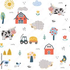 an image of farm animals in the field with flowers and barnyards on white background