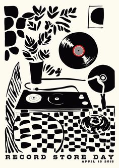 record store day poster with an old record player and potted plant in the background