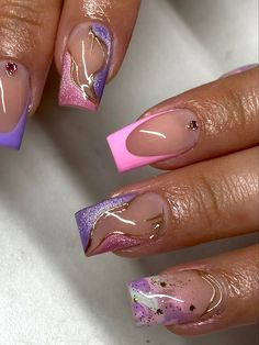 Summer Freestyle Nails, Acrylic Purple Nails, Medium Nail Designs, Short Frenchies, Nurse Nails, Medium Nails, Long Acrylic Nail Designs, Beauty Nails Design, Edgy Nails