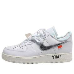 The Nike Air FORCE 1 07 OFF White was released as part of the AF100 pack to celebrate the 35th anniversary of the Air Force 1. The shoe features a white leather upper with Virgil Abloh's signature touches, including a stitched-on metallic silver Swoosh and an orange tongue tag. The shoe also has prominent branding on the medial side with 'Air' appearing on the midsole. The foam tongue on the left shoe sports an off-center tongue tag. (AF1/SNKR) White Logo Sneakers For Streetwear, White High-top Custom Sneakers With Logo, Urban White Custom Sneakers With Logo, Urban Custom White Sneakers With Logo, Urban Style Custom White Sneakers With Logo, Urban White Sneakers With Logo, White Urban Sneakers For Streetwear, White Custom Lace-up Sneakers With Logo, Custom White Lace-up Sneakers With Logo