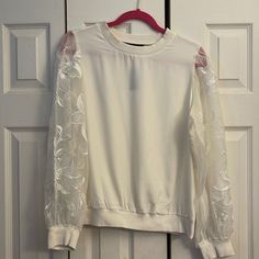 Off-White Blouse From Express, Brand New Never Been Worn. Beautiful Sheer Sleeves With Flowers Embroidered Pink Peplum Top, Black Ruffle Top, Flowers Embroidered, Tie Waist Top, Portofino Shirt, Embroidered Sleeves, Mesh Blouse, Red Tank Tops, Chiffon Blouse