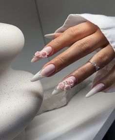 White Bride Nails, Romantic Nails Brides, Pink Soft Nails, Pink And White Stiletto Nails, Crazy Nails Designs, Soft White Nails, Fairytale Nails, Stiletto Nail Designs, White Stiletto Nails