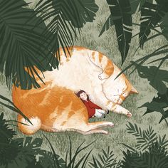 an orange and white cat laying on top of a lush green forest filled with leaves