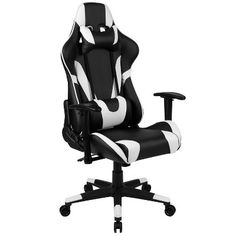 a black and white office chair with wheels