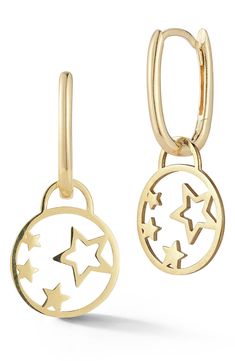 Star shapes add celestial styling to huggie-hoop earrings crafted from 14-karat gold. 1" drop Hinge with snap-post closure 14k gold Made in Turkey Celestial Yellow Gold Tarnish-resistant Hoop Earrings, Yellow Gold Star Huggie Earrings, Yellow Gold Star-shaped Tarnish Resistant Huggie Earrings, 14k Gold Huggie Earrings With Charms, Celestial 14k Yellow Gold Hoop Earrings, Celestial Style 14k Yellow Gold Hoop Earrings, Celestial Style Yellow Gold Round Hoop Earrings, Celestial Yellow Gold Round Hoop Earrings, Celestial Yellow Gold Hoop Earrings