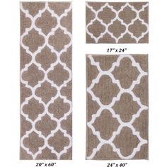 three different sizes of rugs with white and brown designs