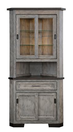 an old wooden cabinet with glass doors on the top and bottom, isolated against a white background