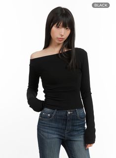 one-shoulder-cotton-long-sleeve-cg420 / Black Black Long Sleeve Off-shoulder Top, Gray Slim Fit Long Sleeve Top, Fitted Black Long Sleeve Off-shoulder Top, Black Stretch Off-shoulder Long Sleeve Top, Black Soft-washed Long Sleeve Tops, Festival Trends, Low Rise Jeans, Korean Street Fashion, Lace Mini Dress