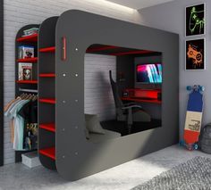 a room with a bed, computer desk and shelves in the shape of a house