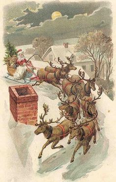 an old fashioned christmas card with santa riding in a sleigh pulled by reindeers