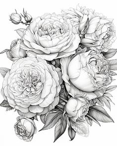 black and white drawing of flowers with leaves