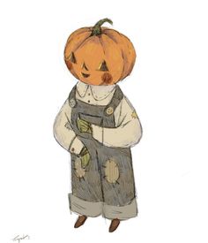 a drawing of a person in overalls holding a pumpkin