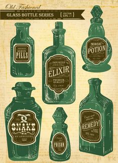 an old fashioned glass bottle set with labels for various types of bottles and containers on the side