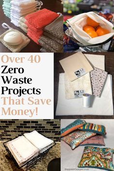 there are many towels and other items on the counter top with words over 40 zero waste projects that save money