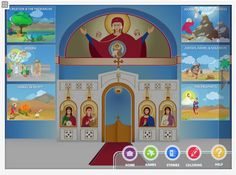 an animated image of the church's interior with icons and symbols on it, including jesus