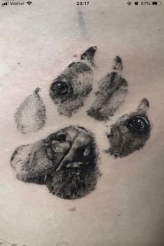 a black and white photo of a dog's paw print on the chest area