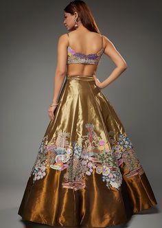 Our 'Divergence' copper and gold tissue appliquéd and embellished lehenga with blouse and tulle dupatta. Golden Tissue Lehenga, Tissue Lehenga, Embellished Lehenga, Elegant Lehenga, Lehenga With Blouse, Golden Lehenga, Fashionable Saree, Fashionable Saree Blouse Designs, Embroidered Lehenga