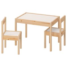 a wooden table with two chairs next to it