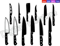 the silhouettes of different knives are shown in black and white, including one with a knife