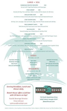 the beach house menu is shown in red and green