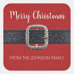 merry christmas from the johnson family square sticker with red background and silver buckle