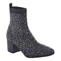 Kenneth Cole Reaction Rida Star Jeweled Bootie   Shoes that sparkle like the night sky! This stretch knit, bedazzled bootie brings the bling and the comfort with full stretch knit fabric, a sturdy low block heel and an easy pull-on design. Sparkling Winter Boots With Round Toe, Winter Embellished Ankle Boots, Embellished Ankle Boots For Winter, Sparkling Fitted Winter Boots, Fitted Sparkling Winter Boots, Sparkling Boots For Winter Night Out, Sparkling Boots For Night Out In Winter, Sparkling Winter Boots For Night Out, Embellished Boots For Night Out In Winter