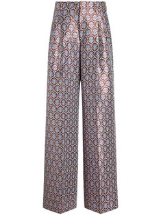 brown/cornflower blue full jacquard high-waisted belt loops concealed front fastening two side slash pockets two rear welt pockets pressed crease wide leg Yoko London, City Dress, Summer Beach Wear, Cornflower Blue, Wide Leg Trousers, High Waisted Pants, Jacket Tops, Bottoms Pants, Denim Dress