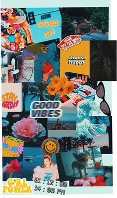 a collage of photos with the words good vibes on them