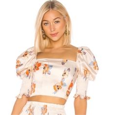 Brand New With Tags - Beautiful Cream, Orange & Blue Colors! Spring Orange Cropped Crop Top, Orange Crop Top For Spring Day Out, Orange Fitted Crop Top For Spring, Chic Fitted Orange Crop Top, Fitted Orange Crop Top For Spring, Orange Crop Top For Spring Party, Orange Fitted Feminine Tops, Fitted Feminine Orange Tops, Fitted Orange Crop Top For Day Out