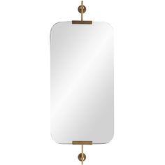 a rectangular mirror hanging on a hook with a gold frame and metal fittings,