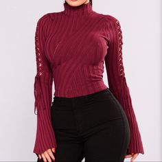 Never Worn Sweater Mock Neck Bell Sleeve Lace Up Sleeve Burgundy Sweater Drown Tightw, Fitted Burgundy Winter Top, Burgundy Tops For Fall Party, Burgundy Top For Fall Party, Fall Party Burgundy Top, Trendy Burgundy Tops For Fall, Trendy Burgundy Top For Fall, Red Fitted Trendy Sweater, Red Fitted Sweater For Party