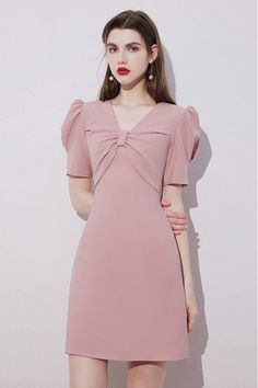 Shop cute pink short homecoming party dress vneck with bubble sleeves online. Sheprom offers formal, party, casual & more style dresses to fit your special occasions. Long Sleeve Knee Length Homecoming Dresses Pink, Cheap Party Dresses With Short Sleeves, Simple Formal Dress, Pink Dress Outfits, Pink Dress Short, Homecoming Party, Stylish Short Dresses, Classy Prom Dresses