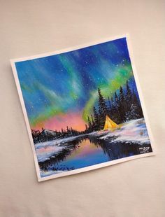 a painting of a camping tent in the snow with an aurora bore behind it and trees reflected in the water