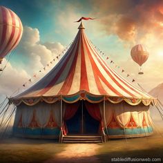 a circus tent with hot air balloons in the sky