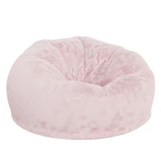 the pink bean bag chair is made from plush material and has a round shaped cushion