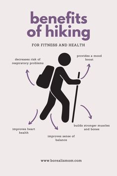 the benefits of hiking for fitness and health info graphic on white background with purple text