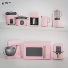 pink kitchen appliances are arranged on a shelf