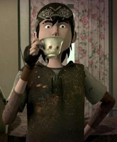 a cartoon character drinking from a cup with his mouth wide open while standing in front of a mirror