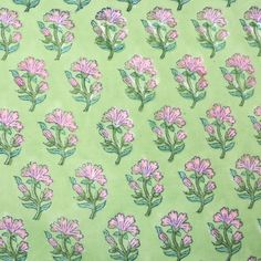 green and pink floral hand block printed cotton fabric Flower Block Print, Yard Sale Pricing, India Rose, Jungle Flowers, Handloom Fabric, Textile Prints Design, Fabric Stamping, Indian Prints, Indian Block Print