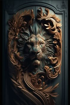 an intricately designed door with a lion's head on it