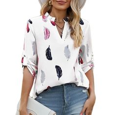 SHIBEVER Blouses for Women Summer Trendy Tops Loose 3/4 Sleeve V Neck Tops Casual. This blouses for women is made with lightweight and flowy material that makes you feeling well for the soft skin. The womens blouse features with v neck,3/4 sleeve to shape the perfect outline of your arms,roll sleeve design deorations to this dressy shirts. Color Map Our women summer casual tops Floral t-shirts come in three beautiful colors:black floral printed top for women and white floral t-shirt for women ar White Printed Half Sleeve Blouse, Dressy Casual Women, Spring Fashion Chic, Ladies Tops Blouses, Business Casual Top, Tops For Women Casual, Tops Trendy, Sweatshirt Oversized, Womens Tops Dressy