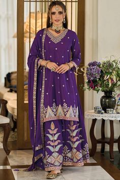 This Purple Chinon Silk Embroidered Palazzo Style Suit is ideal for weddings, parties, or any festive occasion. Its intricate zari work embroidery and sequins work make it a stunning choice. The suit also includes a matching chinon silk palazzo and a chinon silk dupatta in purple color with similar embroidery. Chinon silk Santoon lining Kameez Length: 39" Palazzo Length: 40" Sleeves embroidered length: 20" V neck Elastic waist band Style: Straight cut Occasion: Festival, Diwali, Eid, Mehendi, Lo Usa Wedding, Bridal Dupatta, Palazzo Style, Sharara Suits, Suits Online Shopping, Palazzo Suit, Readymade Saree, Sharara Set, Luxurious Design