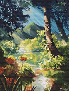 a painting of trees and water with mountains in the background