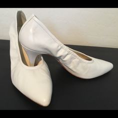 Beautiful Soft White/Light Grey Heels. Approximate Height 3 1/4 Inches. Comfy Stretch At Opening And Pointed Toe. Small Blemish On Heel. See Photo. Classic White Court Shoes With 4-inch Heel, White Fitted Closed Toe Court Shoes, Classic White Heels With Medium Width, Fitted White High Heel Court Shoes, Spring White Medium Width Court Shoes, Classic White Court Shoes With Padded Heel, White Almond Toe Court Shoes For Spring, White Almond Toe Court Shoes With Padded Heel, White Fitted Almond Toe Heels