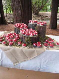 a table topped with lots of red mushrooms on top of wooden logs next to trees