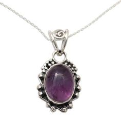 The last cool glow of twilight is captured in a cabochon of purple amethyst that centers a pretty pendant. Aparna in India presents the necklace which is crafted from sterling silver with contrasting polished and oxidized details. The pendant graces a classic sterling silver cable chain with a lobster claw clasp. Amethyst Pendant Necklace, Amethyst Necklace Pendant, Pretty Pendant, Jewelry Workshop, Pendant For Women, Jewelry Show, Celtic Jewelry, Amethyst Necklace, Amethyst Pendant