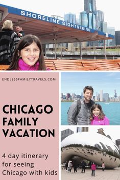 the chicago family vacation is featured in this postcard with images of people and buildings